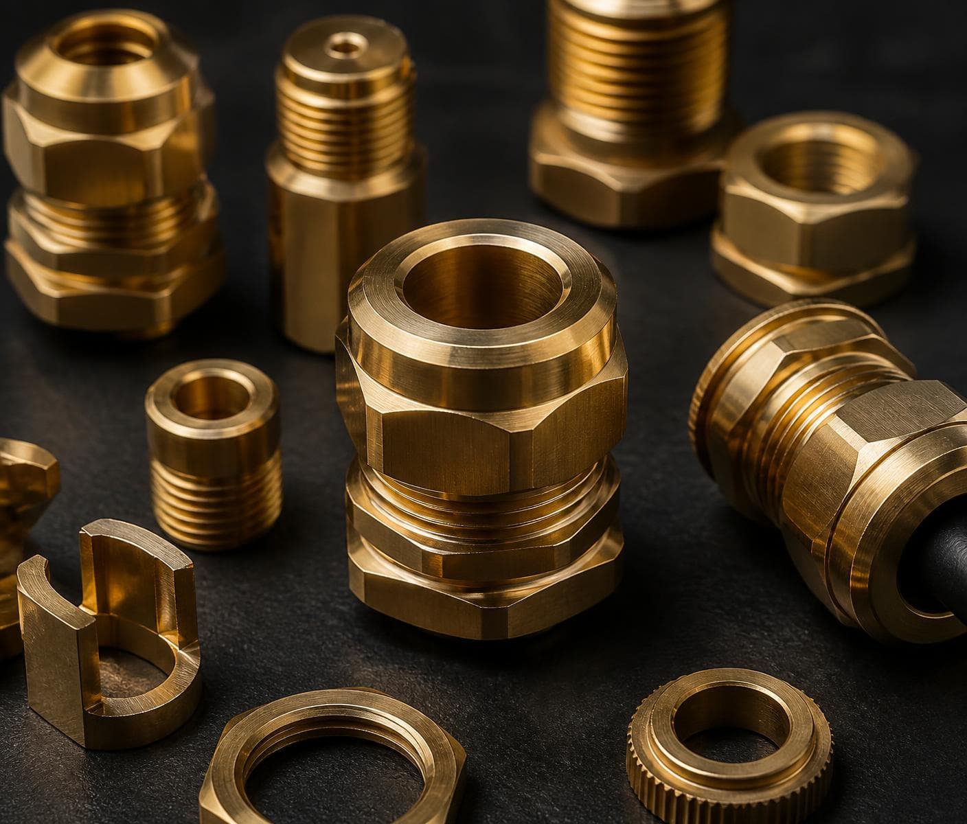 Machined brass cable glands and turned components on a dark surface